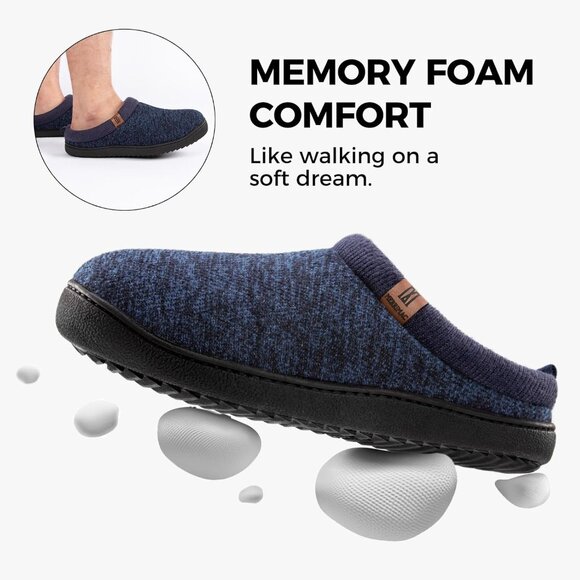 Men's Navy-Blue Slip-on Slippers Comfy Memory Foam Closed-Toe Indoor House Shoes - Picture 4 of 9